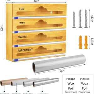 Bamboo 4 in 1 Saran Wrap Dispenser with Cutter and Labels - Foil and Plastic Wrap Organizer