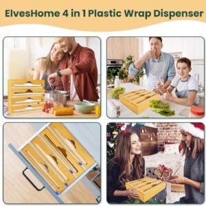 Bamboo 4 in 1 Saran Wrap Dispenser with Cutter and Labels - Foil and Plastic Wrap Organizer